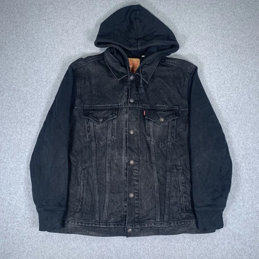 Levi's Denim Jacket Mens XL Black Hooded Knit Sleeve Trucker Vintage Fit